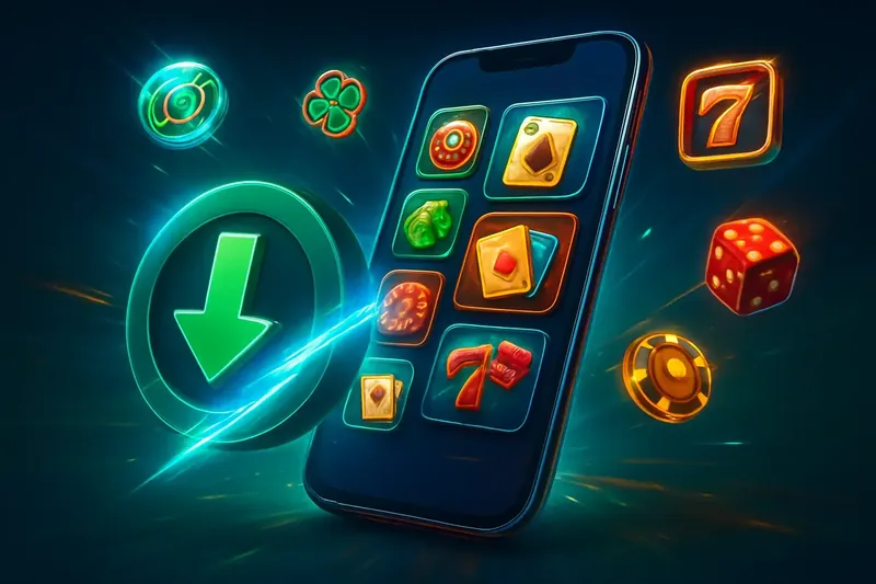Glossy smartphone casino app banner with neon download icon effects