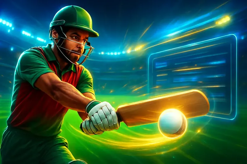 Cricket batter striking ball under stadium lights in dynamic sportsbook banner
