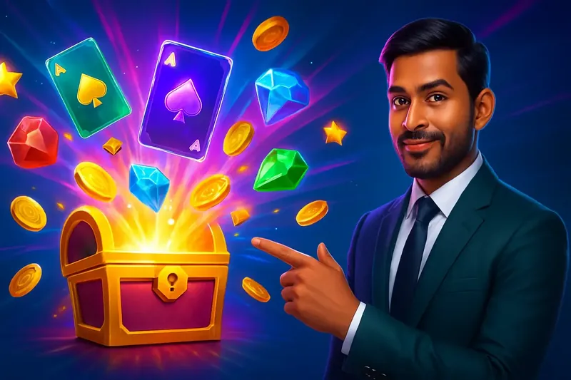 Reward Chest Burst Glowing reward chest with bonus cards, coins, gems, and stars