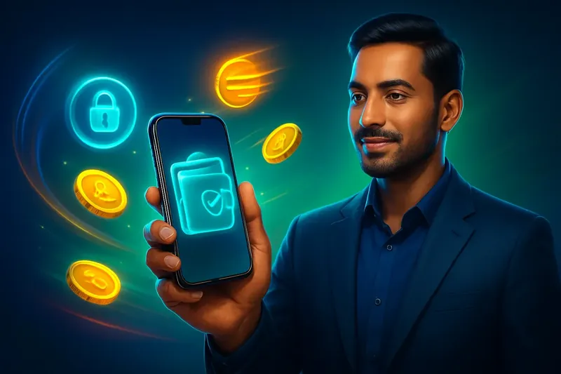 Hand holding smartphone with secure mobile wallet, coins, and speed light trails