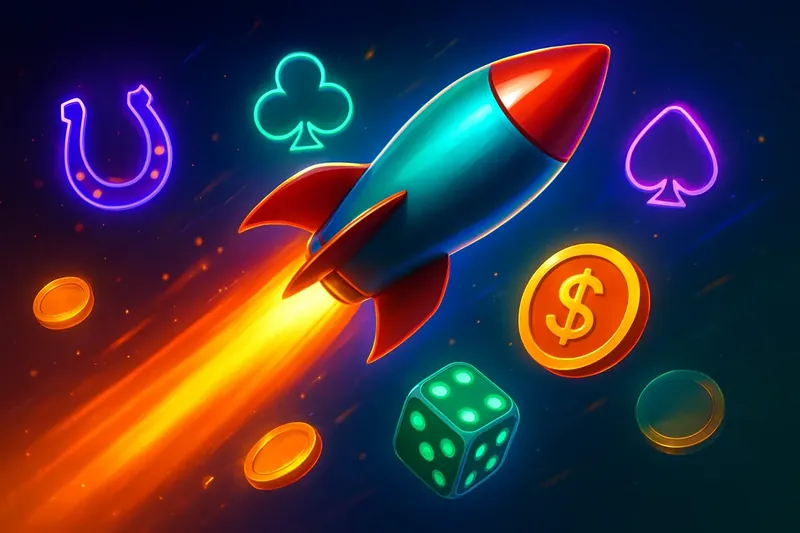 Glossy rocket launch casino banner with neon trail and game particles