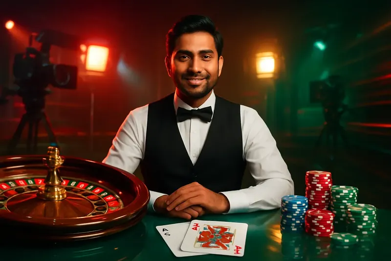 Live Dealer Banner Friendly professional live dealer with roulette, cards, chips, and studio lights