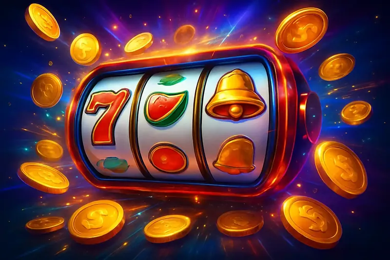 Colorful spinning slot machine reels with coins, sparkles, and neon glow